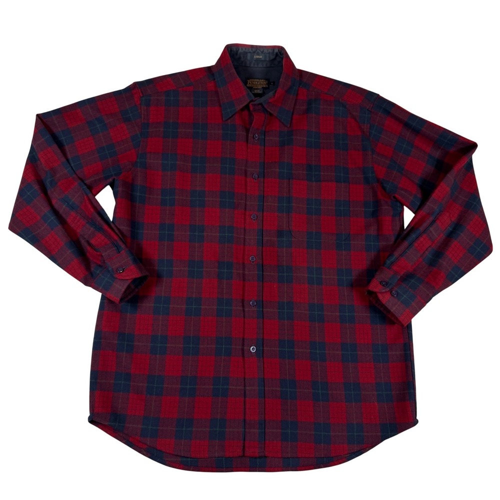 Pendleton Lodge Shirt Mens L Red Robinson Dress Tartan Plaid 100% Virgin Wool